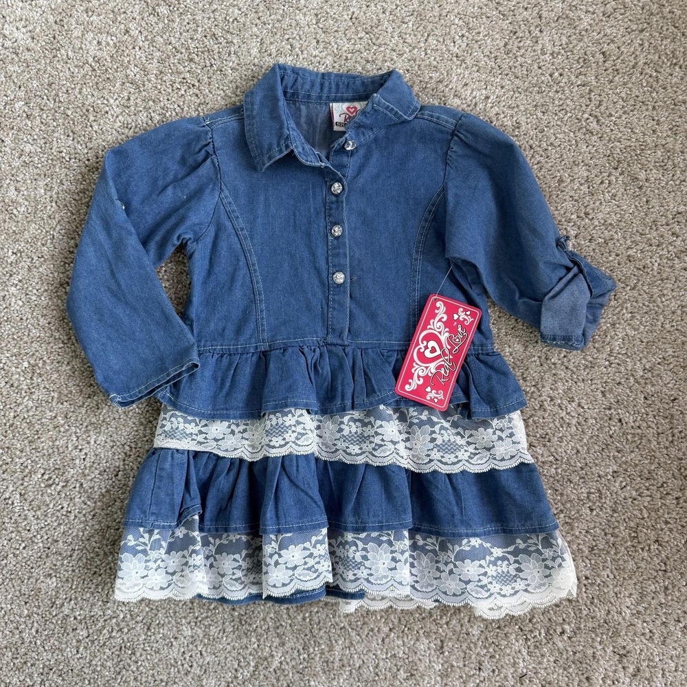 Vintage Real Love Dress Girls 4T Denim Tiered Lace Long Sleeve Shirt Dress